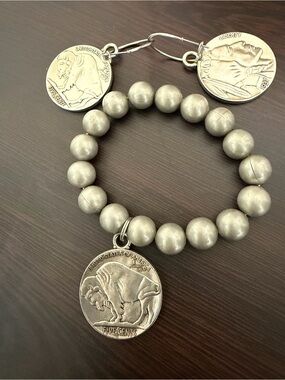 Silver Beaded Bracelet with Buffalo Nickel Charms